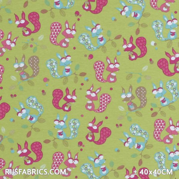 Jersey Cotton Printed  Squirrel Lime Printed Cotton Jersey