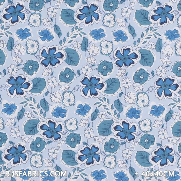 Cotton Prints - Flowers With Leaf Light Blue Cotton Poplin Printed