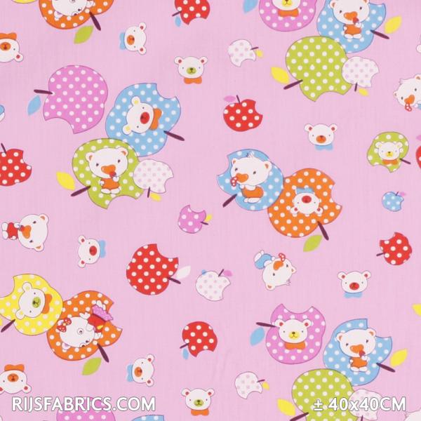 Child Fabric - Bear Apple Pink Child Fabric Cotton