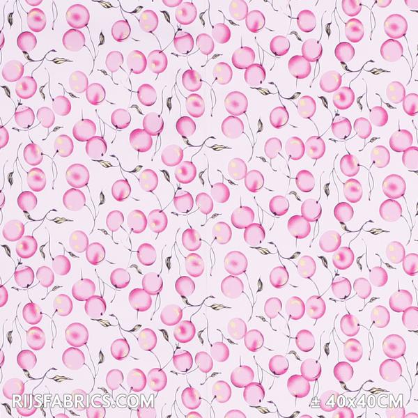 Cotton Satin Fabric Cherries Pink Cotton Stretch Satin Fabric Printed